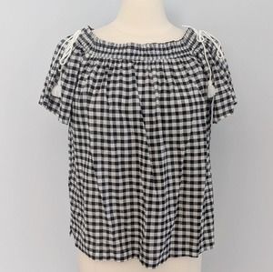 LOFT Black Gingham Tie Knot Shoulder Top Small NEW